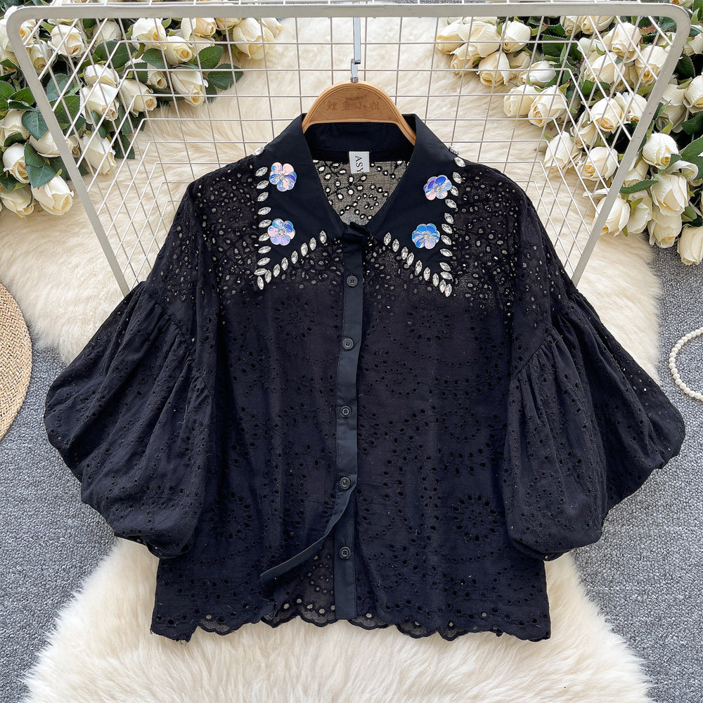 Accessible luxury palace style classy bubble sleeve shirt women's summer cut out crochet heavy industry diamond loose design tops