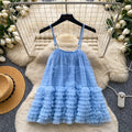 Sweet princess style mesh suspender cake skirt women's summer multi-layer ruffles vest suspender super fairy blue