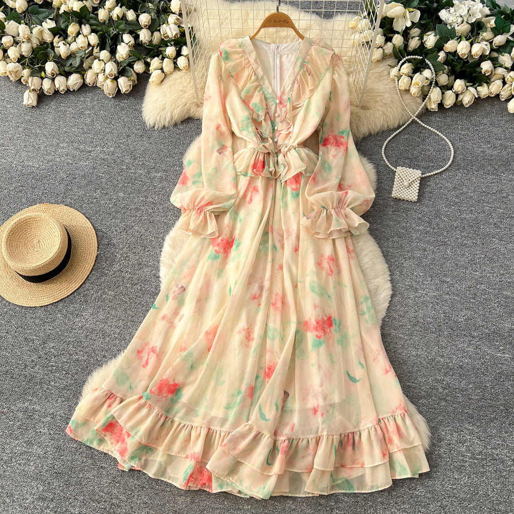 Romantic v-neck lantern sleeve printed dress - women's summer slimming mesh ruffle maxi dress