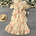 Romantic v-neck lantern sleeve printed dress - women's summer slimming mesh ruffle maxi dress