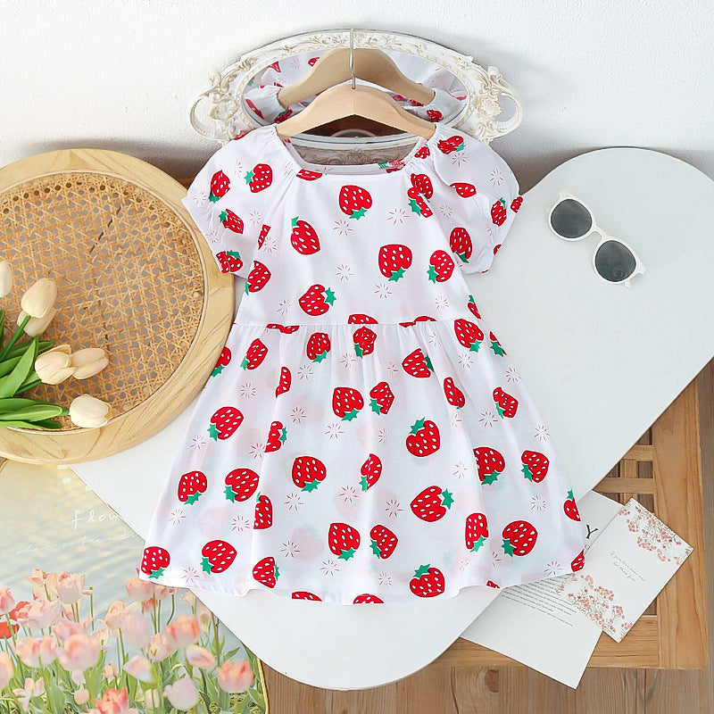 Girls' summer floral dress - trendy bubble sleeve sundress for kids - stylish cartoon print dress