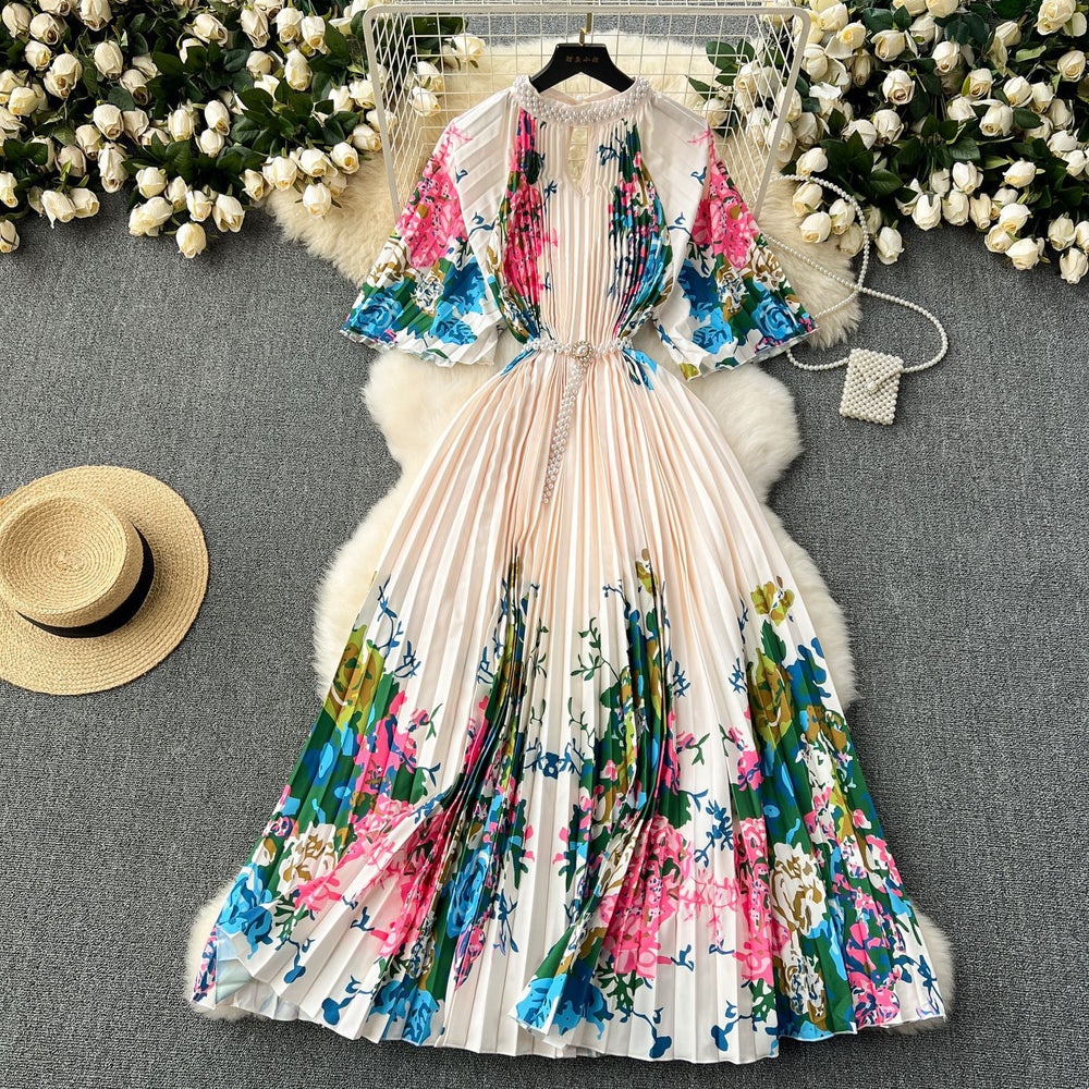 European and american high-end elegant dress - new women's beaded round neck short sleeve cinched waist loose pleated printed maxi dress