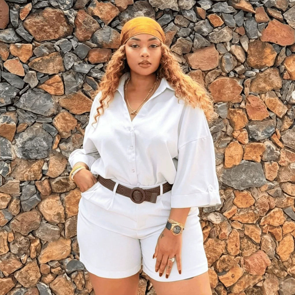 african women's clothing  summer new collection: casual solid color loose plus size blouse and high-waisted shorts fashion set