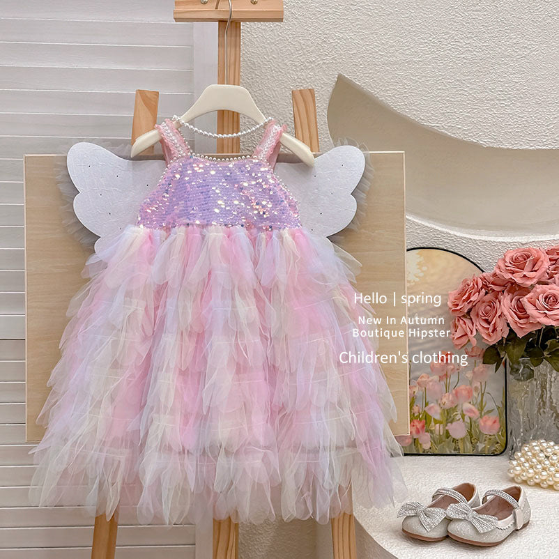 summer girls' dress - kids' rainbow winged gown tulle skirt puffy princess dress - clearance sale (limited sizes available)