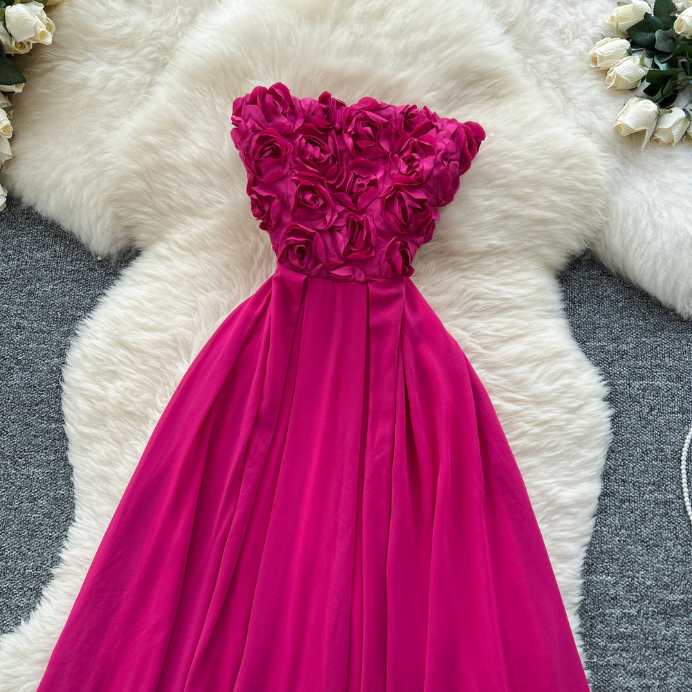 Fuchsia dress women's summer french style 3d floral sleeveless cinched waist slimming elegant long mesh party dress