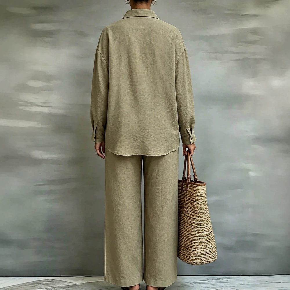 Exportplus size relaxation work clothing set retro gray linen shirt elastic waist side strips wide leg pants two-piece set