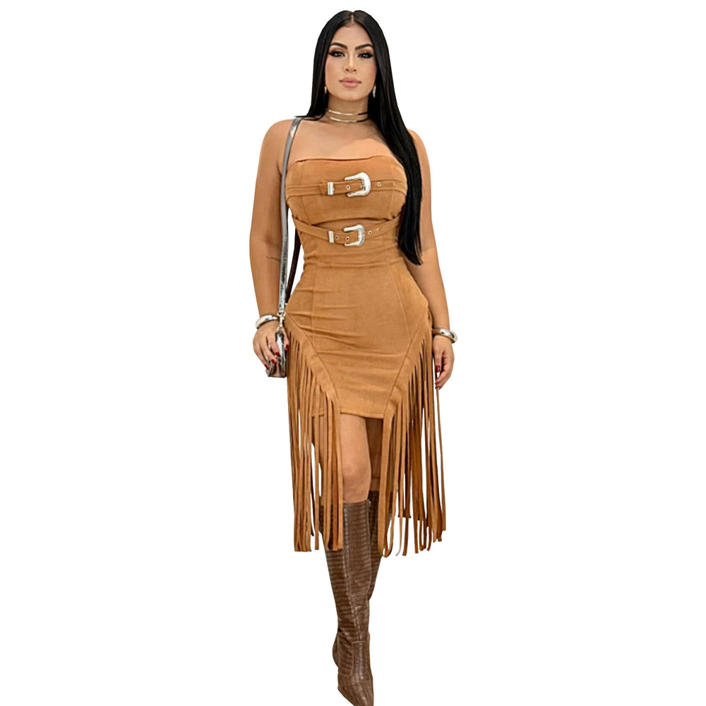 C7426 cross-border   fashion women's sexy sleeveless bandeau backless tassel dress