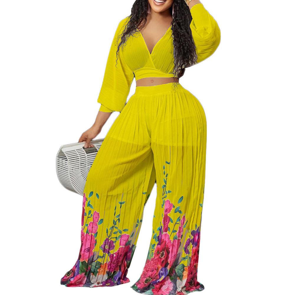 Q094 independent station spring new arrivalfashionelegantv neck bat sleeve chiffon tops high waistloose pants african suit