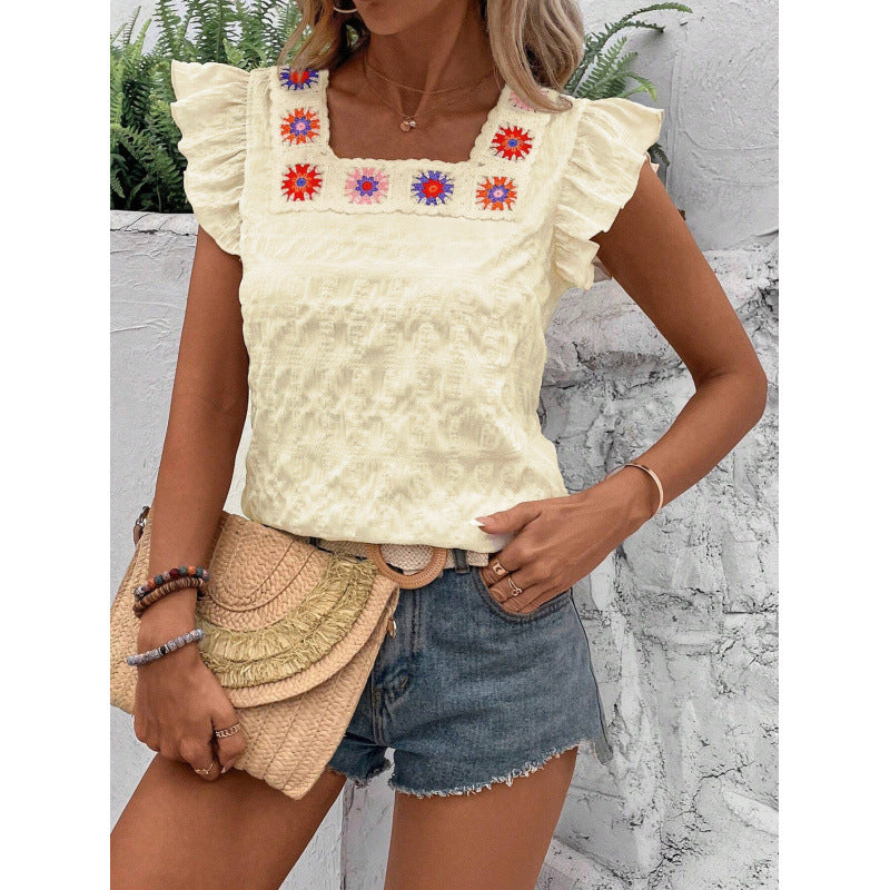Ready-to-ship, export-quality, 1688 square-neck, crochet-trimmed, flutter-sleeve, solid-color women's top