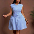 European and american cross-border women's clothing:  summer new arrival - elegant casual blue striped ruched single-breasted a-line dress