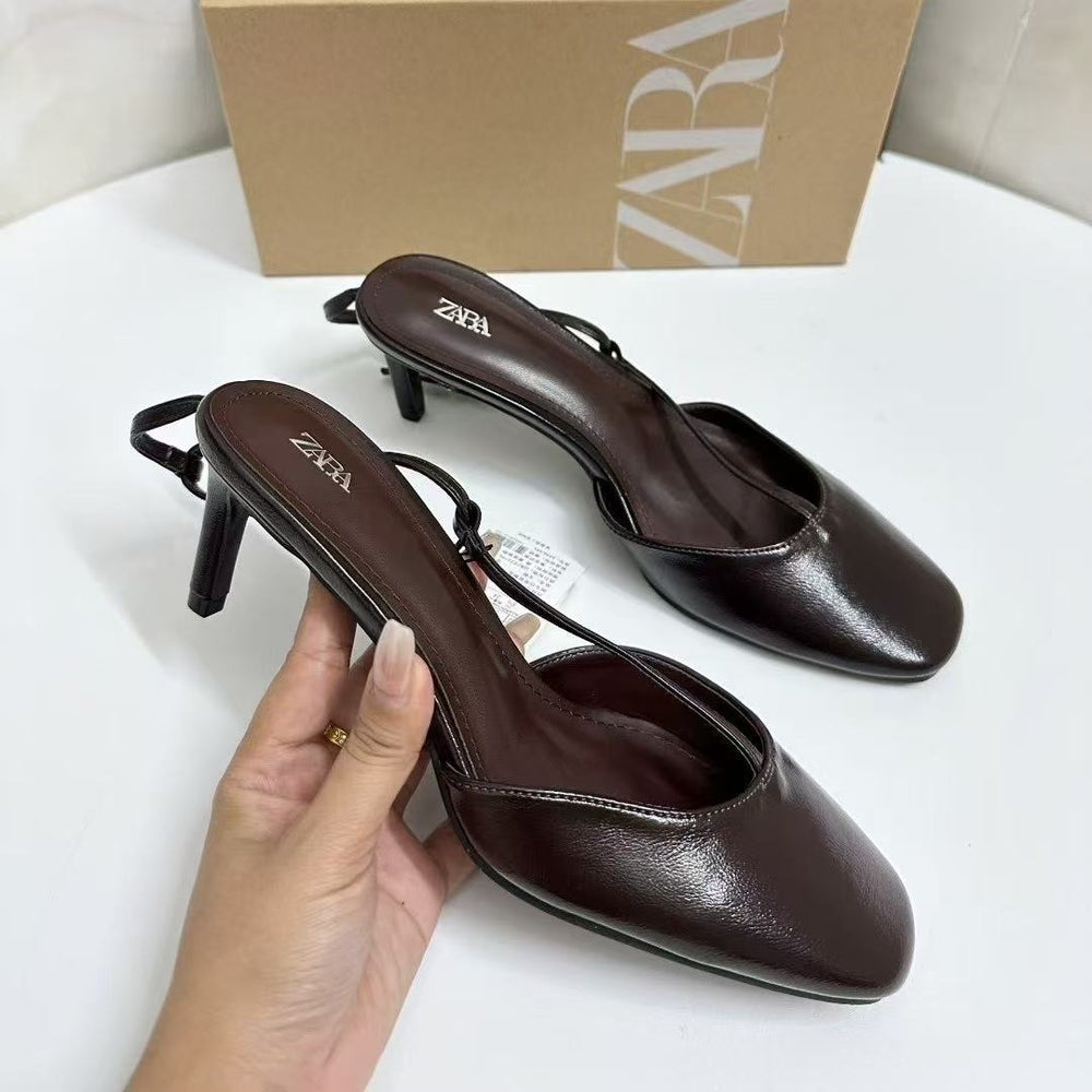 Za2025summer new round toe high heels stiletto toe cap flats sandals back strap buckle hollow women's flats