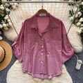 Korean style commute-ready striped shirt: breathable, skin-friendly, women's  summer short-sleeve loose-fit cardigan, solid color, elegant top