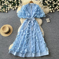 French chic 3d floral dress - women's summer  - slimming a-line dress with cinched waist - elegant work & evening gown