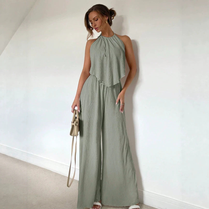 Amazon fashion cross-border women's textured wrinkled halter suit back straps backless high waistloose pants
