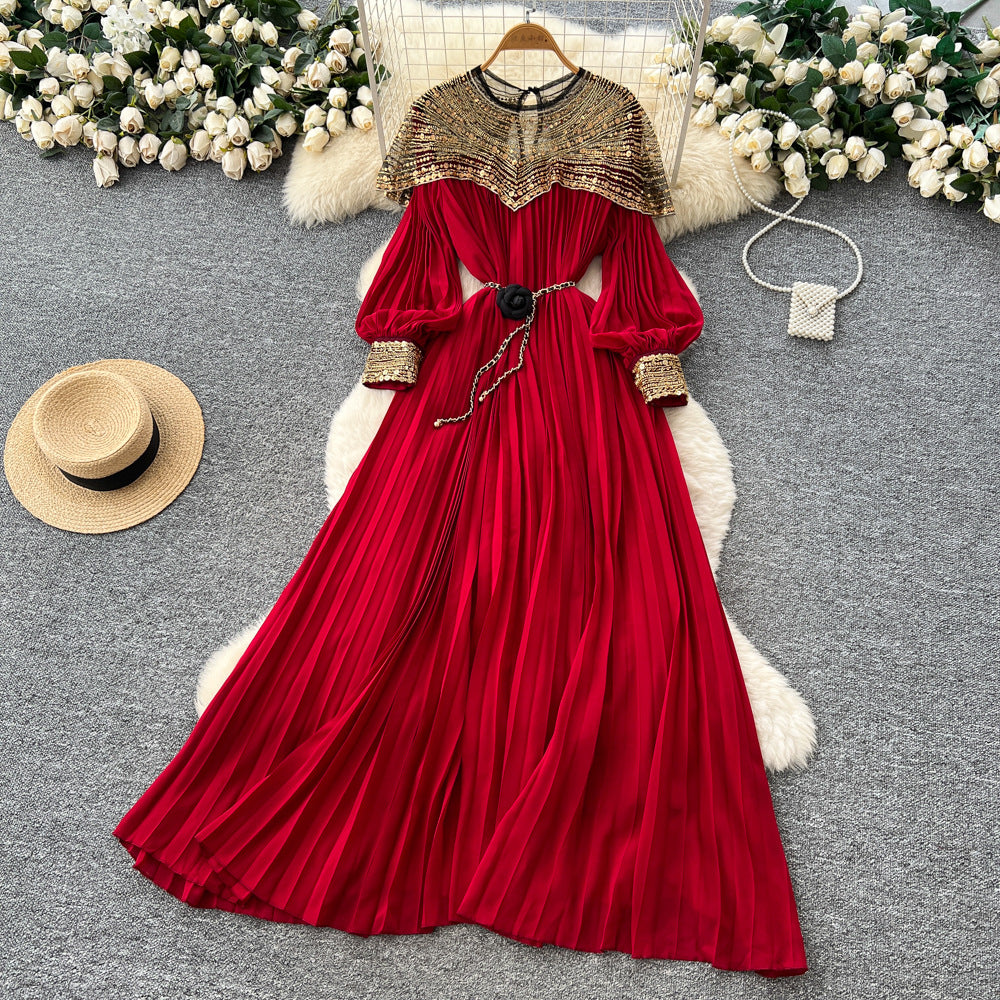 French-style heavy embroidery beaded sequin mesh patchwork lantern sleeve tie-waist pleated maxi dress - women's high-end long dress