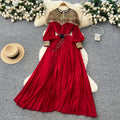 French-style heavy embroidery beaded sequin mesh patchwork lantern sleeve tie-waist pleated maxi dress - women's high-end long dress
