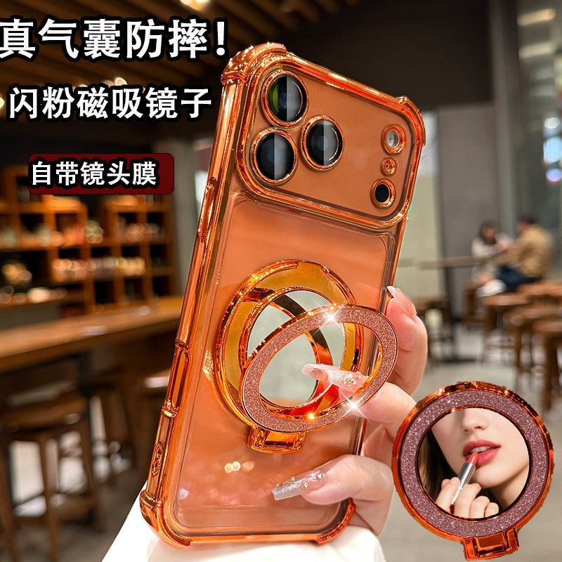 Electroplated four-corner airbag shockproof phone case for iphone 17, apple 14 glitter mirror magnetic stand protective cover