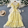 French romantic yellow dress - women's summer sleeveless lace trim off-the-shoulder a-line dress with cinched waist