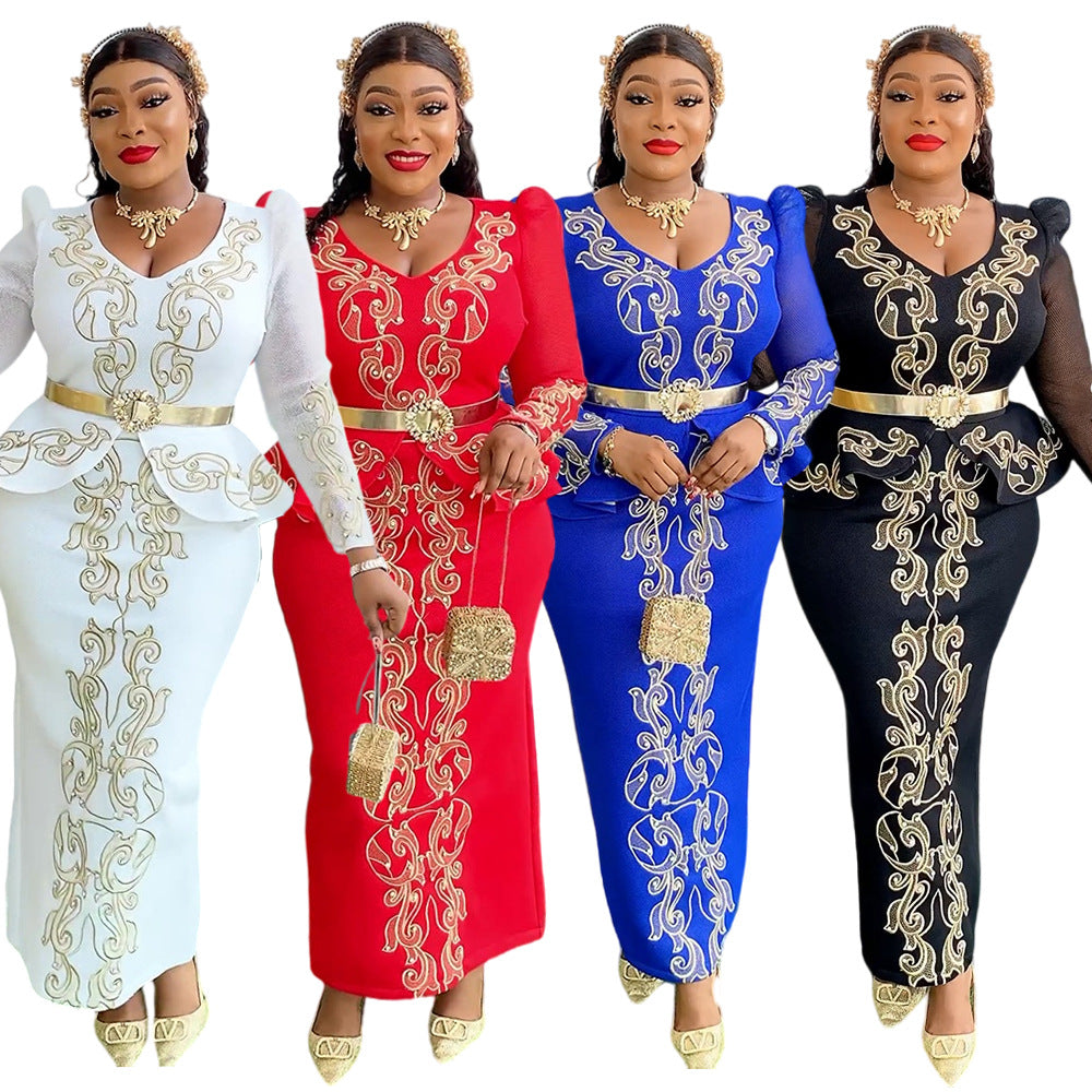 African cross-border supply  women's plus size  new luxury hotfix rhinestone beaded v-neck evening dress