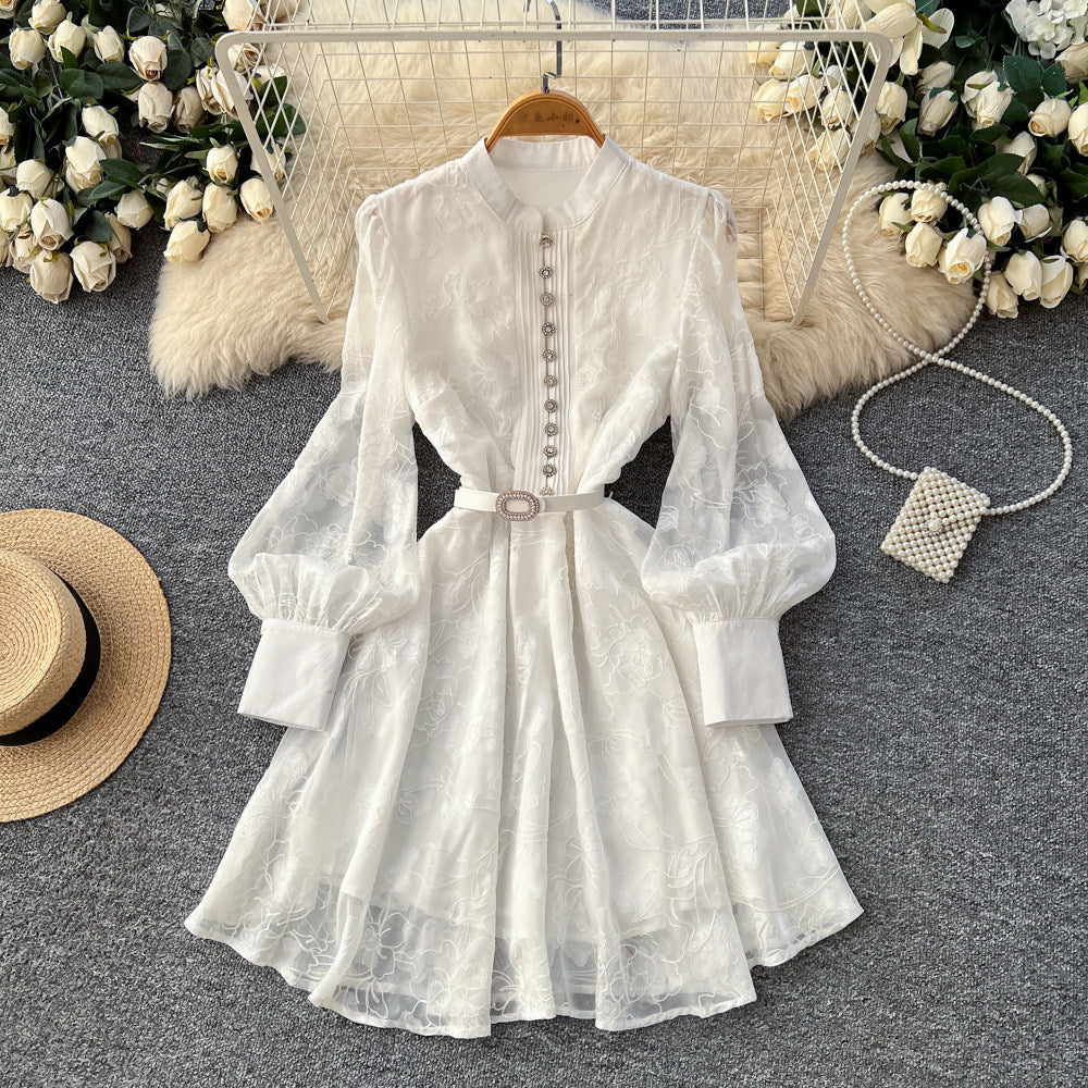 French style court lantern sleeve embroidered dress - women's spring/summer cinched waist cutout single-breasted a-line dress - elegant
