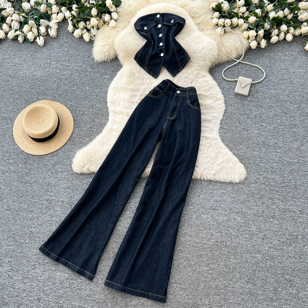 Korean style commute outfit: denim two-piece set for women - summer slim fit, high-waisted, effortless style