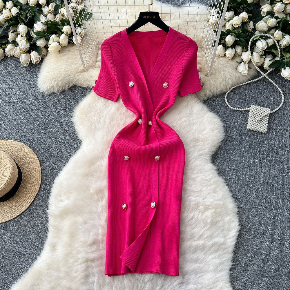 Elegant chanel-inspired v-neck short-sleeve double-breasted bodycon knit dress - women's summer slim-fit midi dress