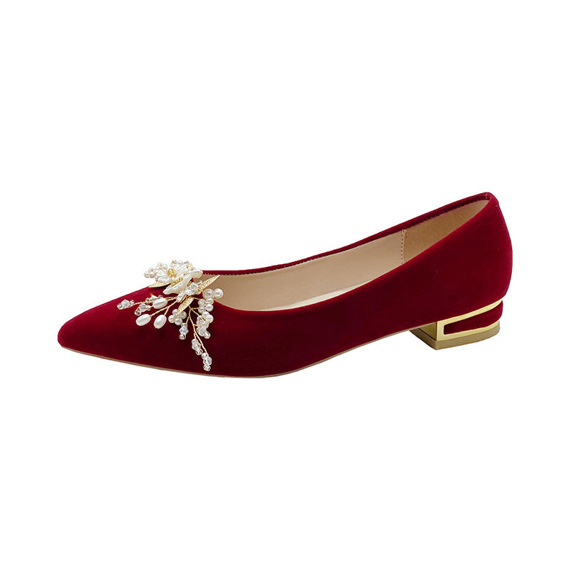 Spring & fall low ankle red pure colorspot viscose shoes thick heel flat heel pointed toe banquet high heels