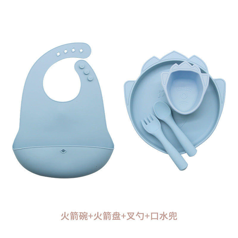 Customized silicone plate set, anti-drop baby bowl saliva pocket, multi-color cute style children's tableware set