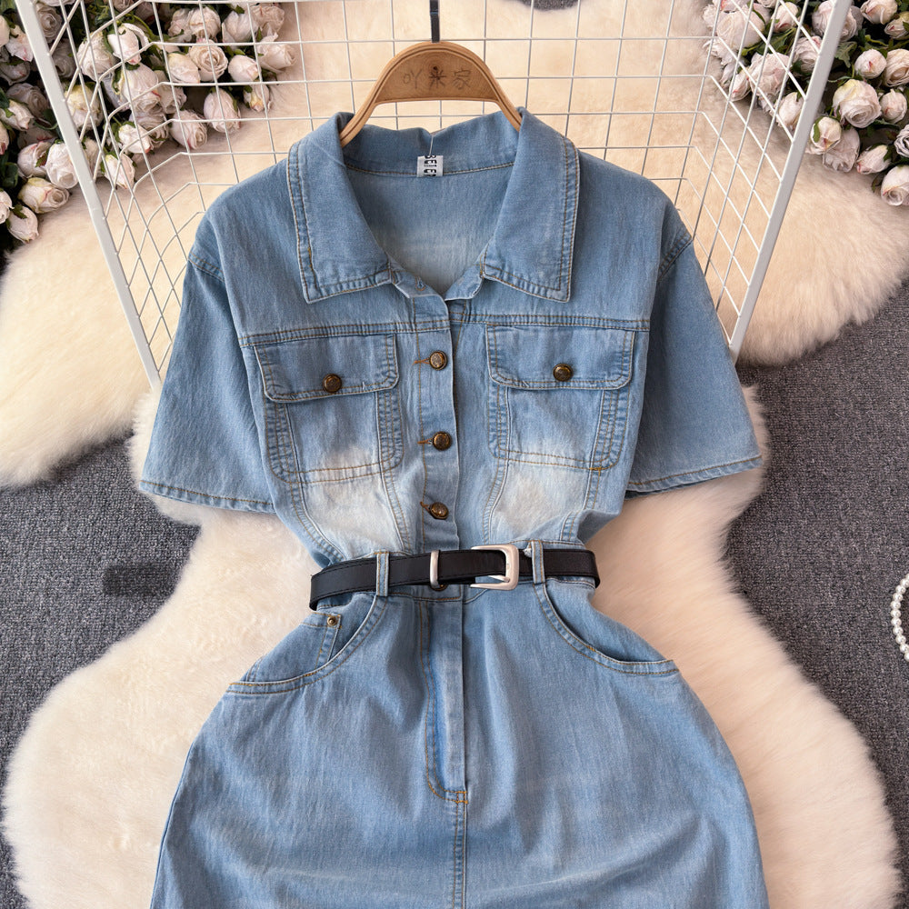 Vintage hong kong style denim dress - women's  summer new arrival - high-end, elegant, slimming, mid-length dress with cinched waist