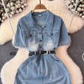 Vintage hong kong style denim dress - women's  summer new arrival - high-end, elegant, slimming, mid-length dress with cinched waist