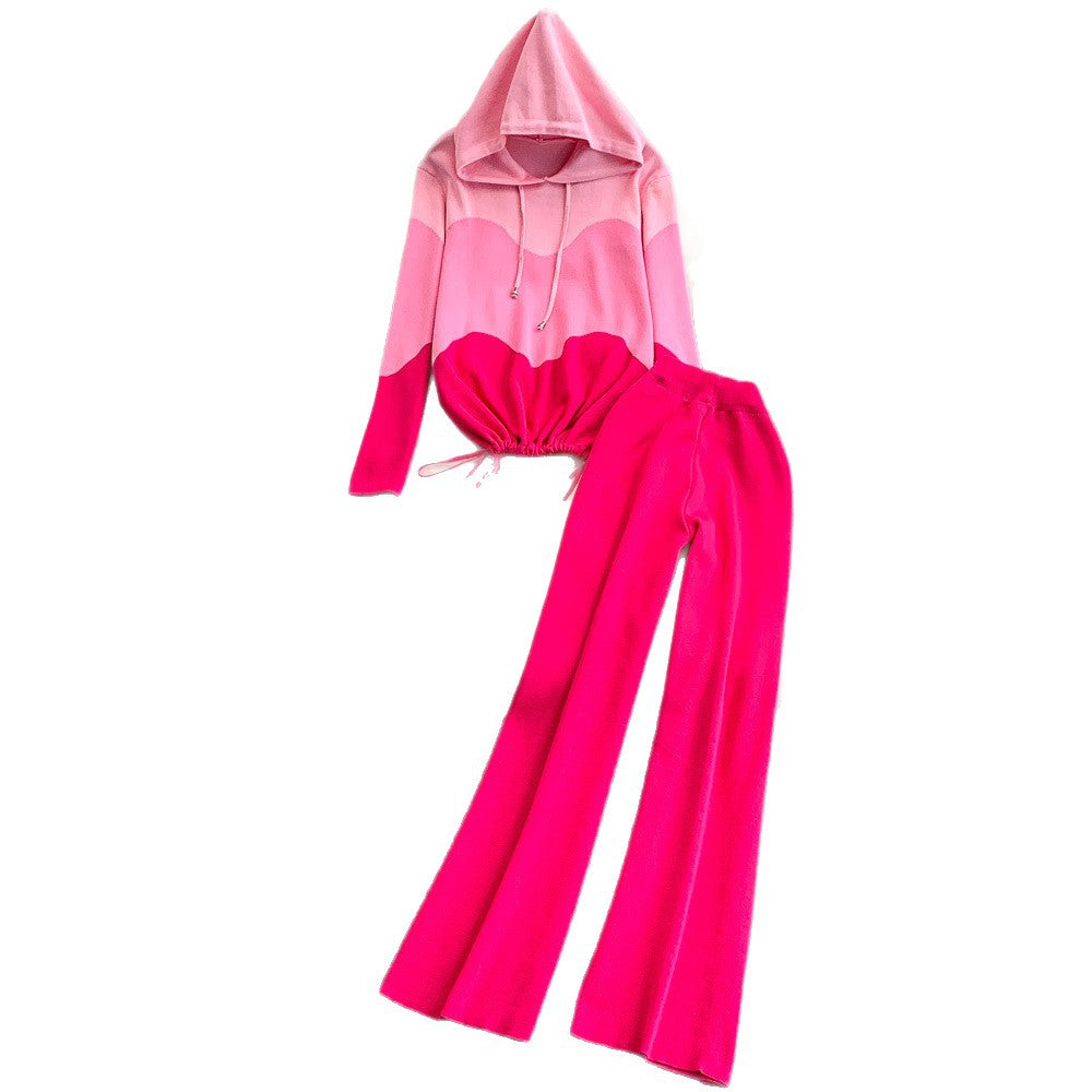 Women's casual set: new design drawstring waist color block hooded long sleeve sweatshirt two-piece set with high-waisted wide leg pants
