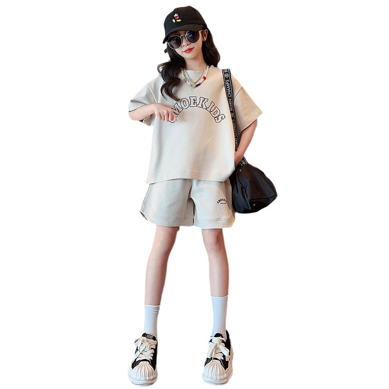 Girls' summer outfit  new set: stylish and trendy kids' streetwear, children's sportswear, big kids' short-sleeve two-piece summer set