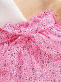girls' summer outfit: white flutter sleeve short-sleeve top with heart and floral print patchwork shorts, includes belt - two-piece set for kids