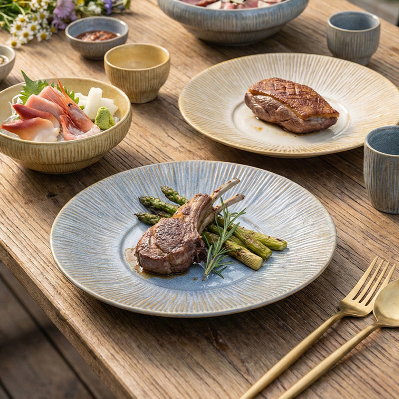 Vintage-inspired, rustic stoneware ceramic deep plate – perfect for restaurants and hotels. a high-end, visually appealing dish for desserts, soups, creative plating, steaks, and western cuisine