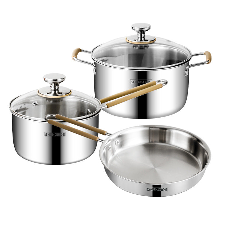 Cross-border 304 soup pot set pot, silicone anti-scalding handle, food-grade three-layer steel thickened household cooking pot wholesale