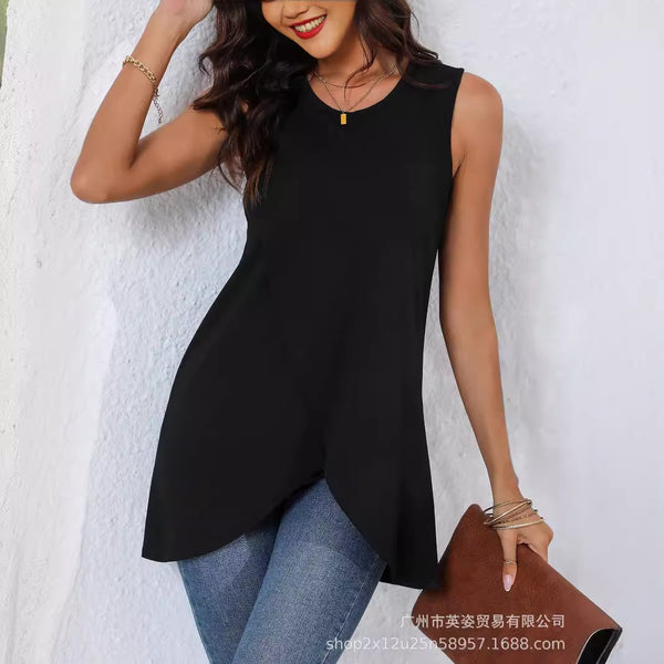 Cross-border  popular spring and summer black crew neck vest irregular hem casual sleeveless top T-shirt women's clothing