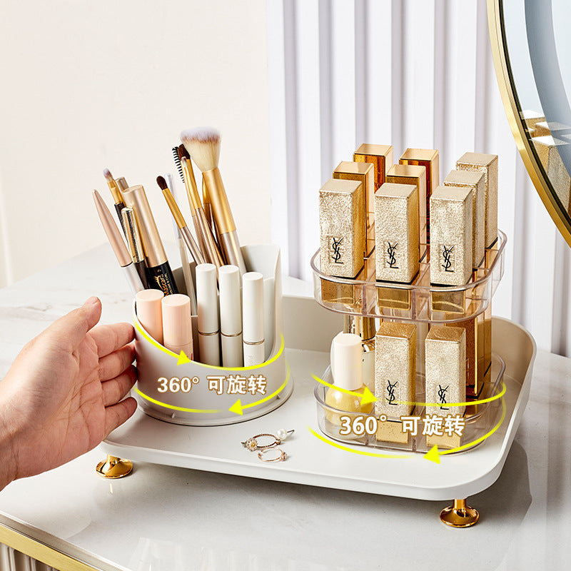 Cosmetic organizer box - trendy transparent rotating makeup brush holder with lid, dustproof desktop lipstick organizer