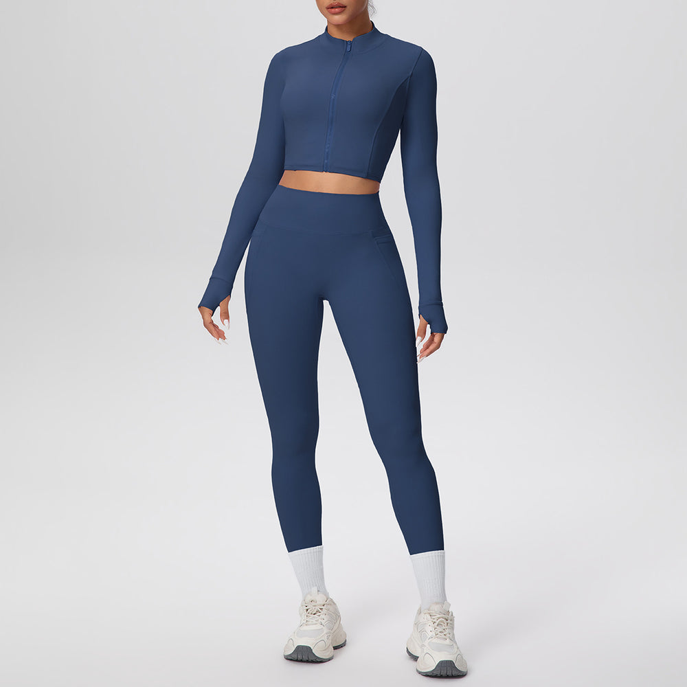 Cropped zip-up yoga set: high-waisted, butt-lifting leggings with pockets - perfect for running, fitness, and casual wear