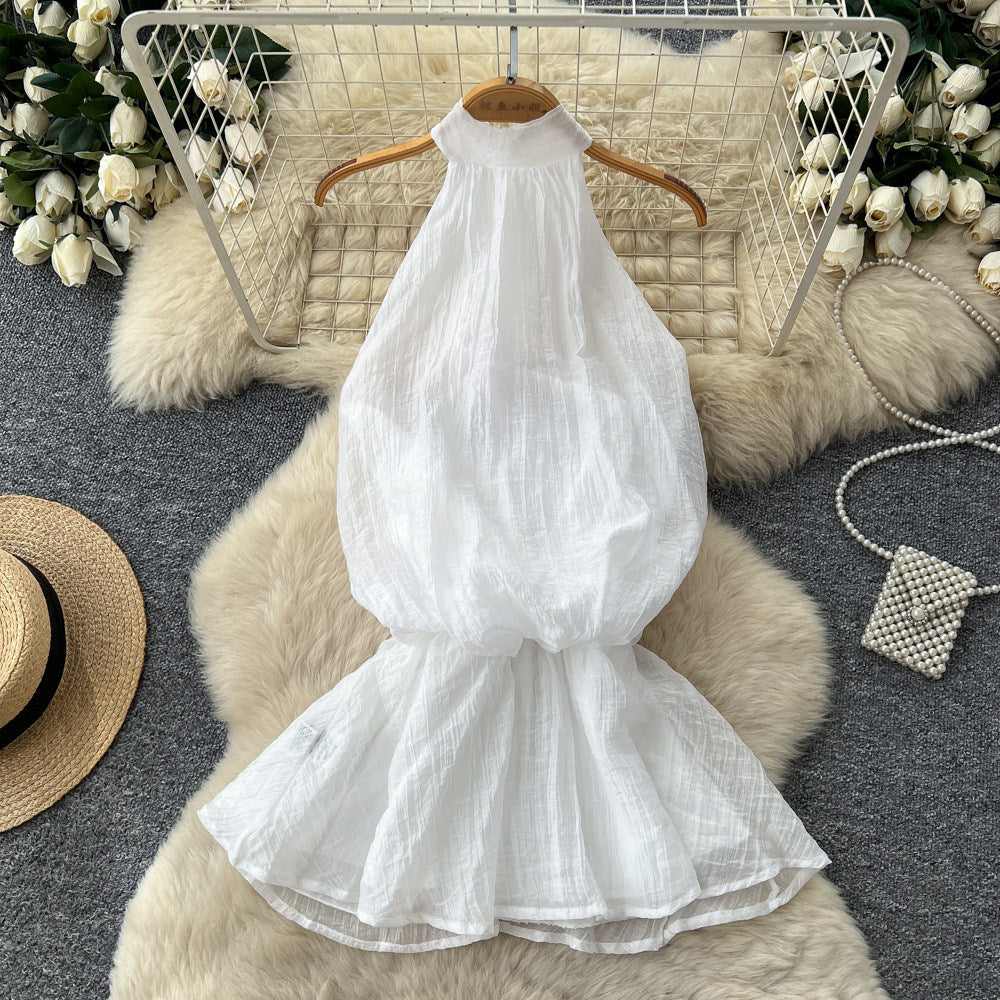 Qianjin style halter pleated backless suspender skirt for women summer pure lust style waist tie back holiday style vest tops