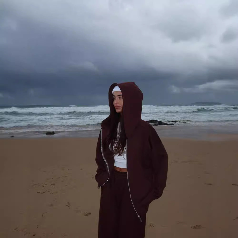 European and American Independent Station New Women's Suit Casual Hooded Long Sleeve Sweater Cardigan Pants Suit Fashion Suit Women