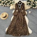 Luxury european and american style leopard print puff sleeve dress - women's summer belted slimming diamond-accented hot girl maxi dress