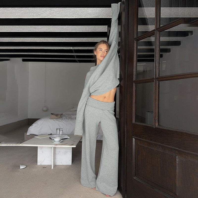 Cross-border fashion casual woolen suit pullover loose top turned waist head straight trousers loungewear two-piece set women