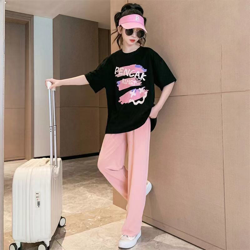 Girls' short-sleeve activewear set - summer  new collection - trendy and stylish summer outfit for girls (sizes for mid-to-large children)