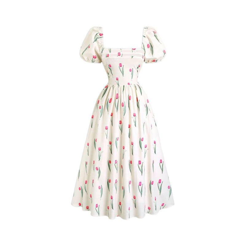 listing: new  women's original elegant square neck puff sleeve printed dress
