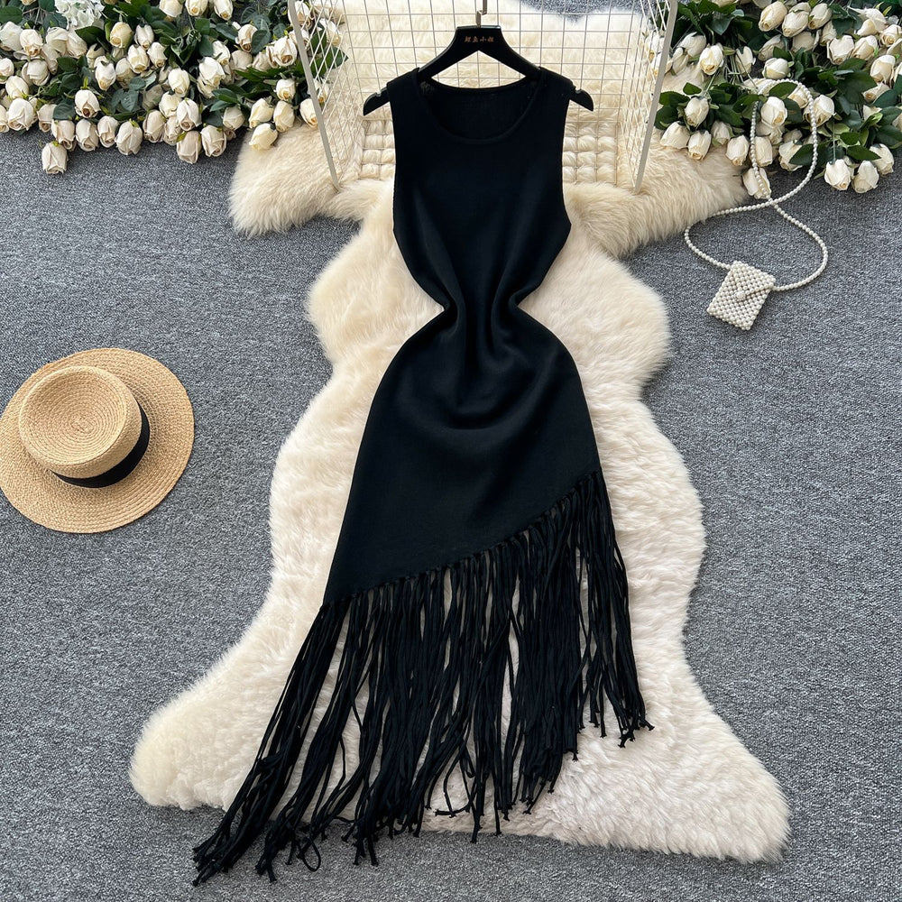 new european and american  cross-border e-commerce women's sleeveless slim-fit tassel french summer cinched waist maxi dress