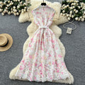 French chic luxury hollow-out crochet lace dress - women's summer slimming maxi dress with cinched waist and single-breasted button detail