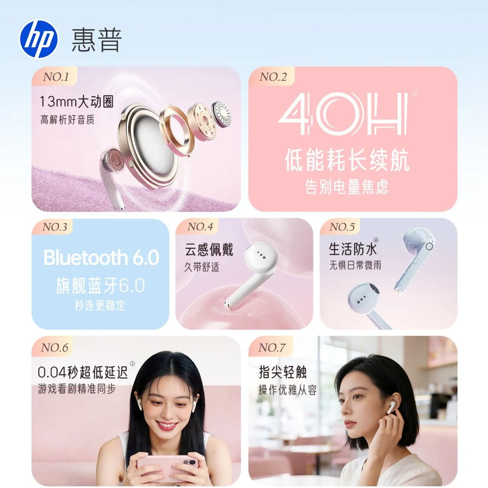 Hp/hewlett-packard h10a true wireless bluetooth earbuds - bluetooth 6.0, low latency, gaming, music, sports, long battery life, tws