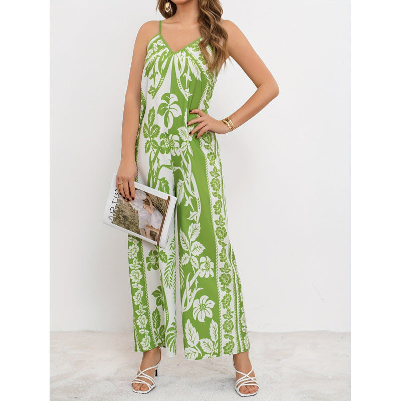 code new arrival  women's original fashion tropical floral v-neck cami jumpsuit