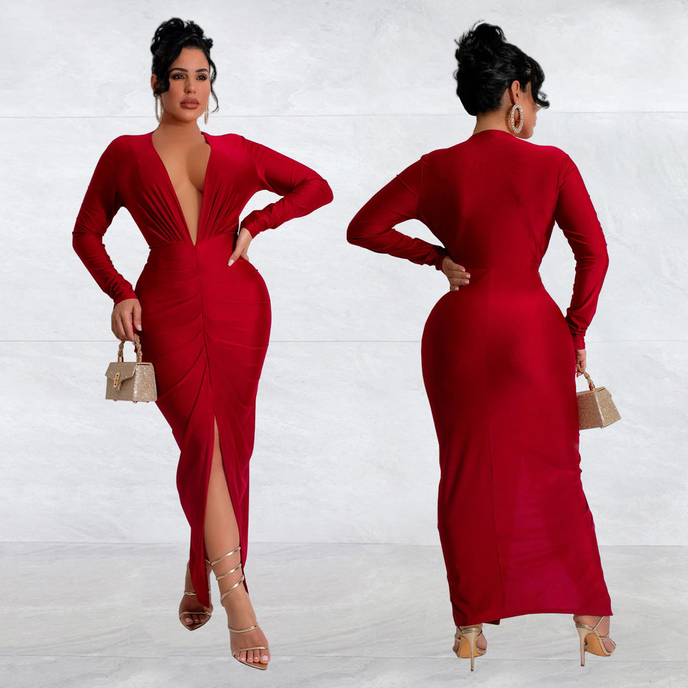 C7118 cross-border   fashion women's bodycon v-neck slit solid color dress - new arrival