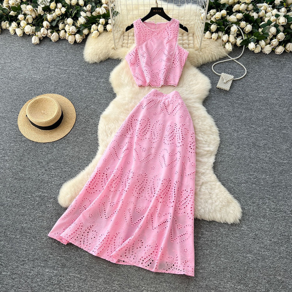 French retro hollow-out crochet design set for women: sleeveless tank top + high-waisted elastic waist flared midi skirt